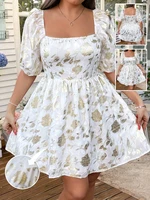 plus Size Romantical Cutout Heat Gold Embossed Vacation Bubble Sleeve Dress Women's Floral Print Maxi Summer Dress