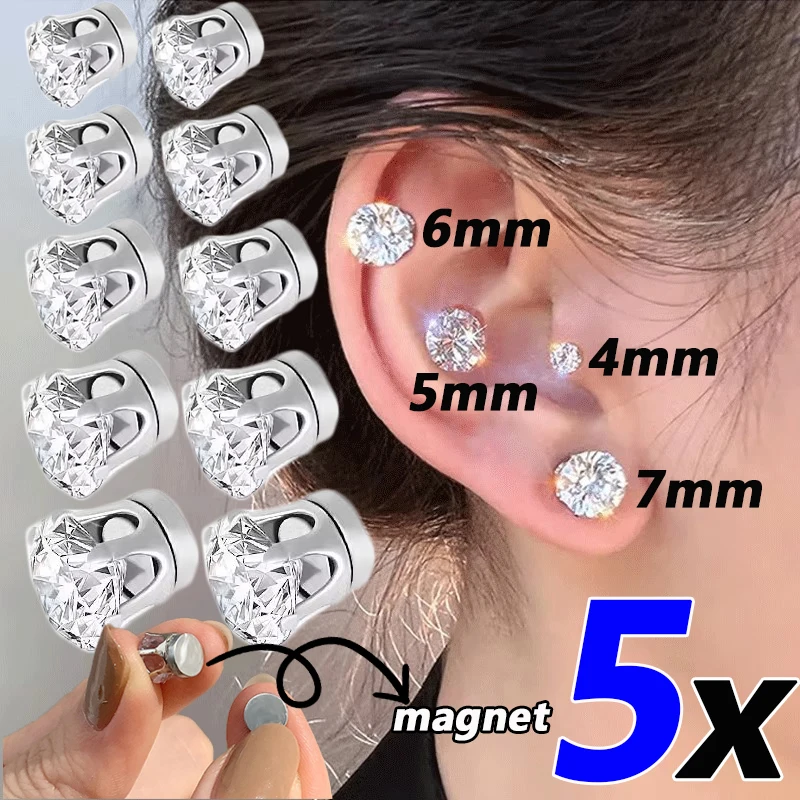 5/1pcs Magnetic No Piercing Required Earrings Adjustable Size Clip on Earrings 6-Prong Royal Crystal Design Perfect for Ear Bone 1