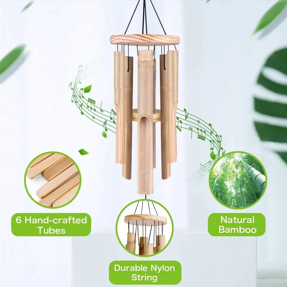 Bamboo Wind Chimes 6 Tubes Natural Relaxing Soothing Sound Outdoor Hand-Carved Garden Patio