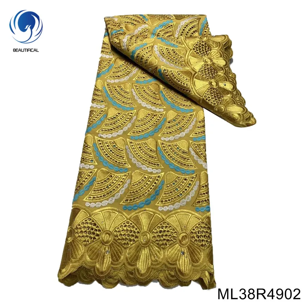 

Gold Swiss dry lace fabric with rhinestones african embroidery 2022 popular dubai 2022 style fabric for wedding party ML38R49
