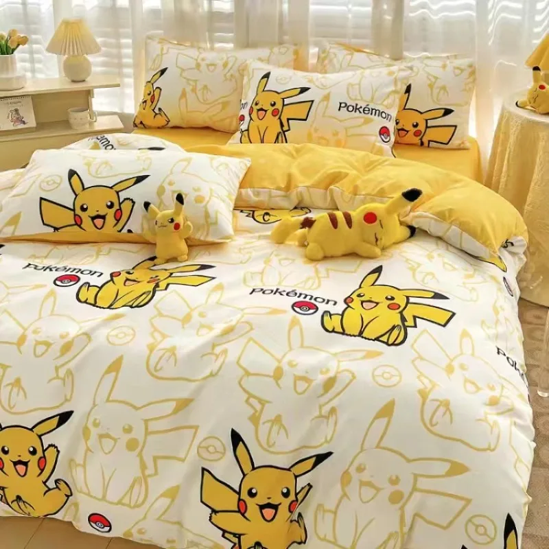 

For 1.5M/1.2M Bed Pokemon Anime Series Genuine Pikachu Short Plush 4pcs/3Pcs Set Plus Quilt Cover Sheets Kids