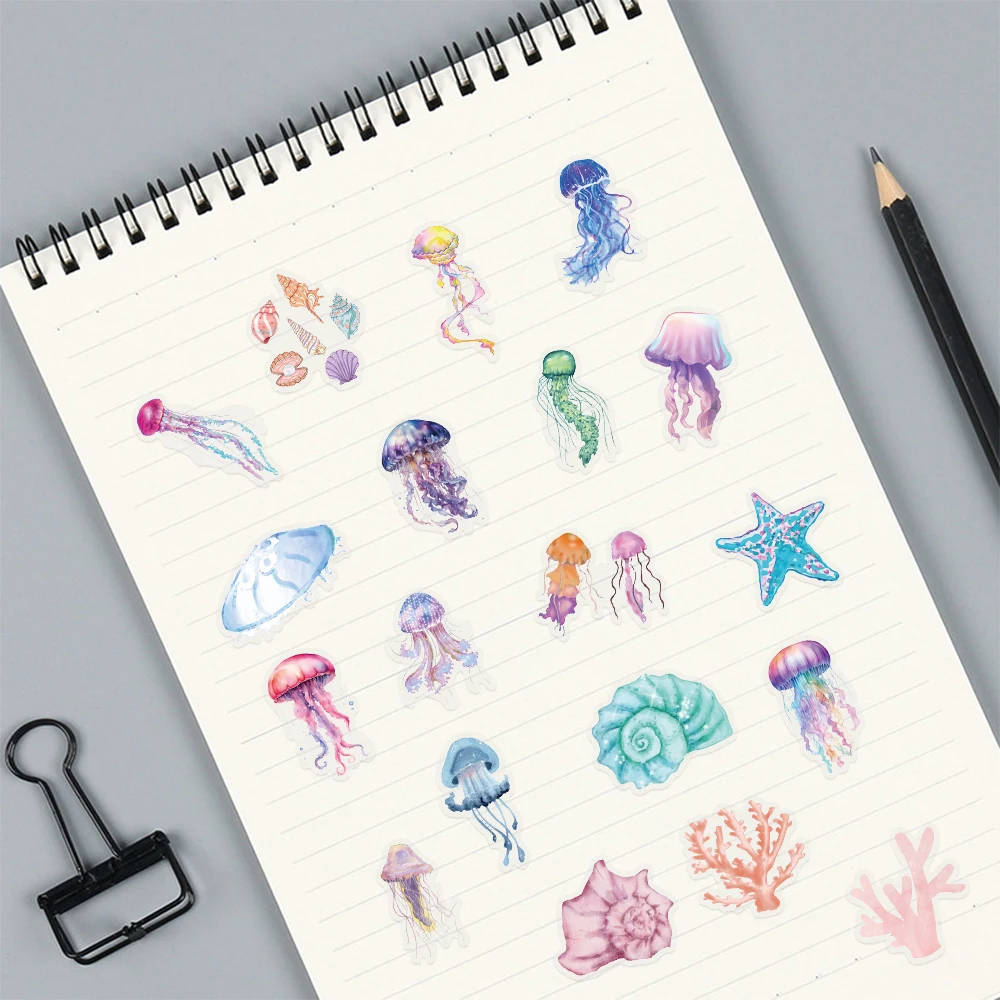 ?   50PCS 꿈같은 예술 열대어 PET 스티커 해파리 불가사리 조개 산호 스티커 장 프레임 선물 데칼