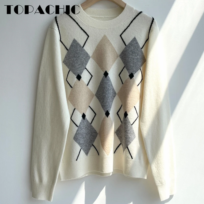 

10.25 TOPACHIC Women's Vintage Argyle Pattern Round Neck Long Sleeve Cashmere Knitted Pullover Sweater