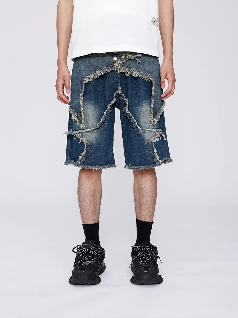 Aelfric Eden Vintage Starry Fringe Hem Denim Shorts Y2K Men Hip Hop Streetwear Shorts 2023 Harajuku Casual Summer Sweatpants