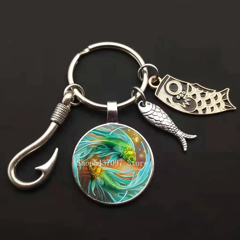Fashion Fishing Master Keychain Fish Hook Keychain Glass Dome Keychain Fisherman I Love Fishing Fish Pendant Key