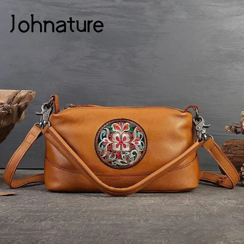 johnature-女性用本革ハンドバッグ大容量枕バッグショルダーストラップヴィンテージエスニック刺style新しいコレクション2024
