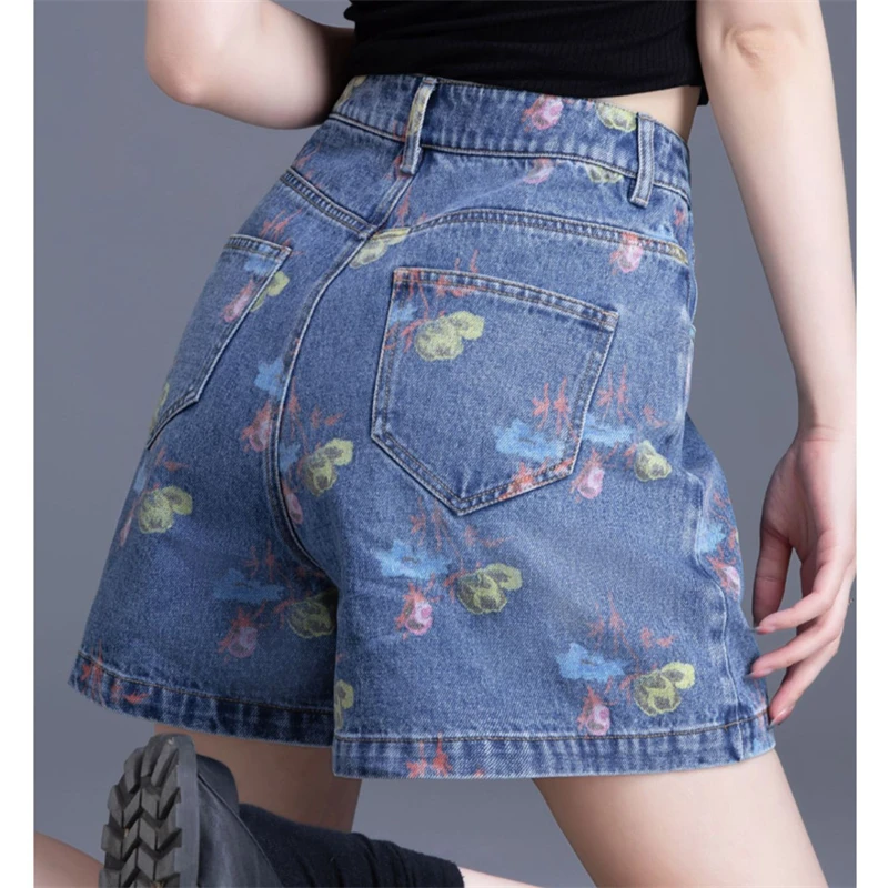 2024 Summer Women Trendy Printed High Waist A-line Denim Short Pants Y2K Female Casual Streetwear Loose Shorts Pantalones Cortos