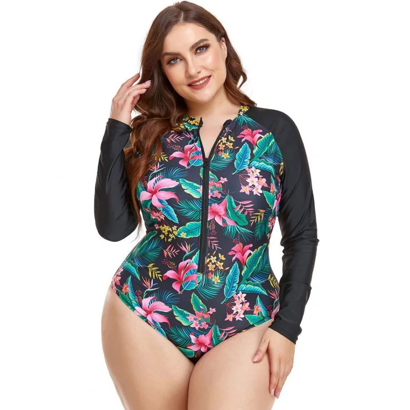 New plus Size Long Sleeve Women's Swimsuit Surfing Suit round Neck Zipper Printed Stitching One-Piece Swimsuit for Women