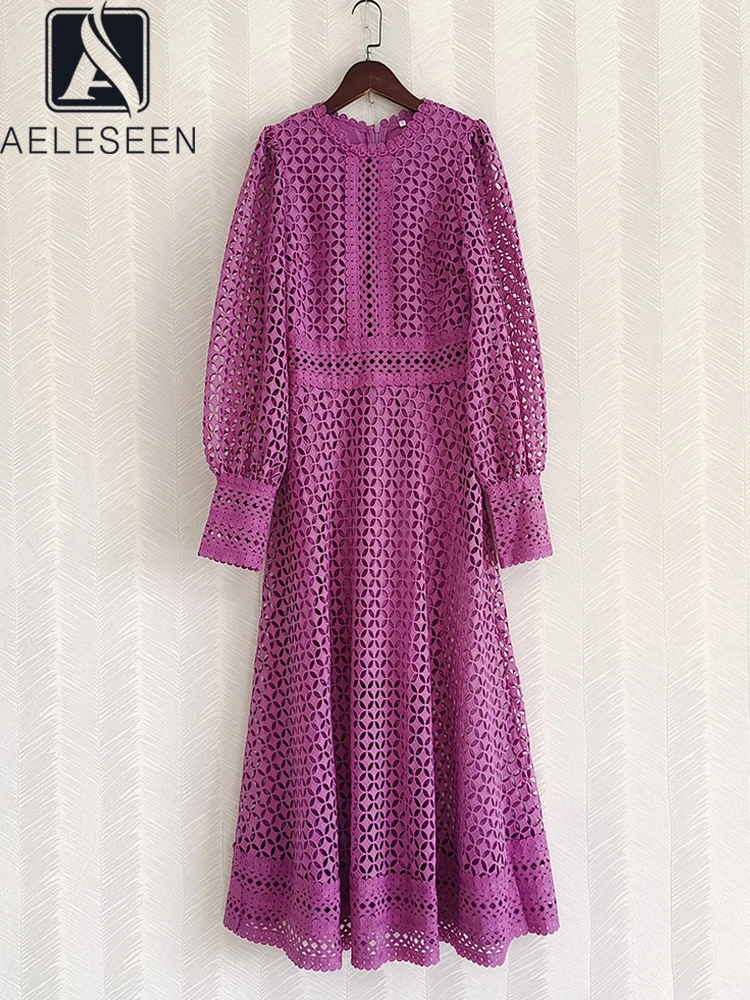 

AELESEEN Autumn Winter Dress Runway Fashion Women Full Lantern Sleeve Solid Purple White Black Hollow Out Elegant Vintage