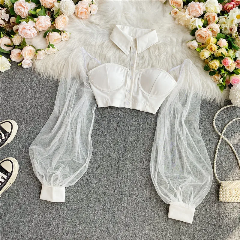 여성을위한 가을 섹시한 자른 탑 오프 숄더 메쉬 패치 워크 쉬어 여성 코르셋 탑 숙녀 홀터넥 스키니 블라우스 
