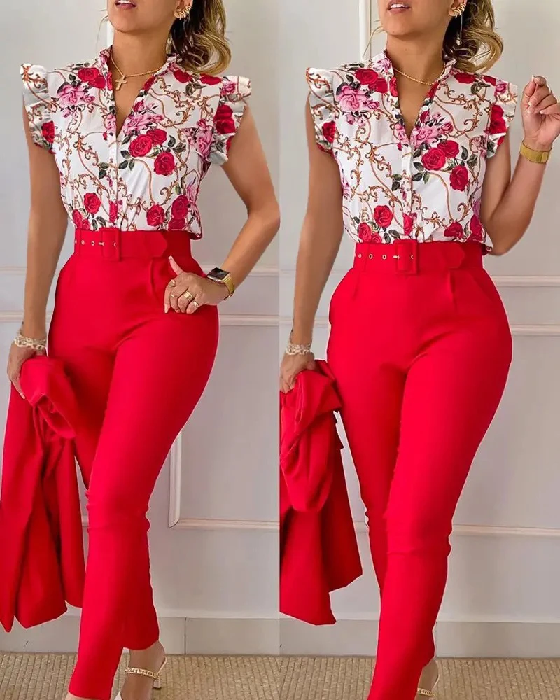 Summer Fashion Print 2 Piece Set Women Casual Button Flying Sleeve Shirt Pants Suits Female V-Neck Top High Waist Pants Outifits
