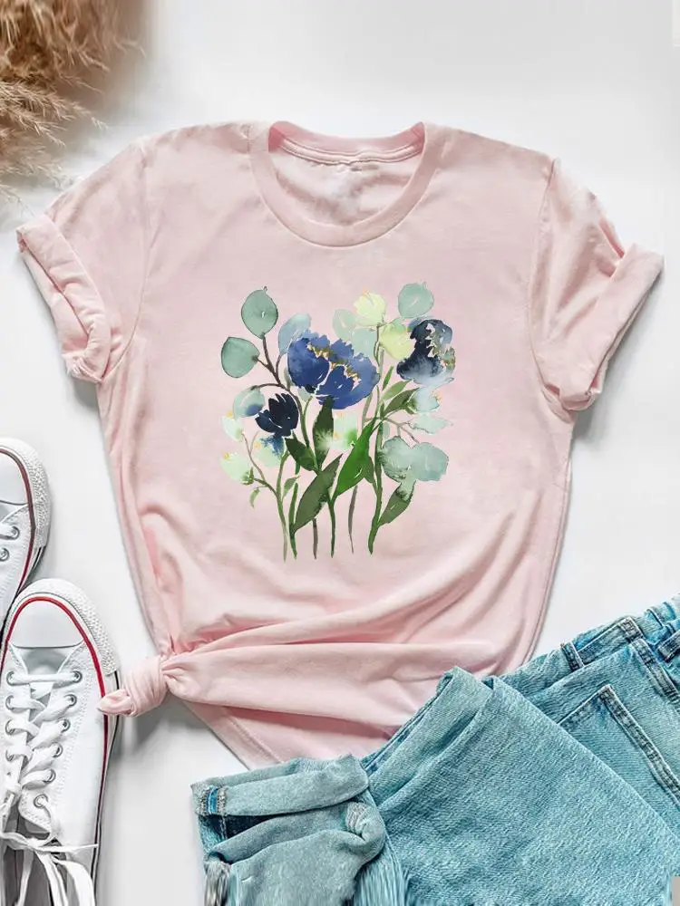 Sweet Watercolor Flower 90s Clothing Short Sleeve Tee Top Summer Graphic T Shirt Women Fashion Casual Female Print T-shirt