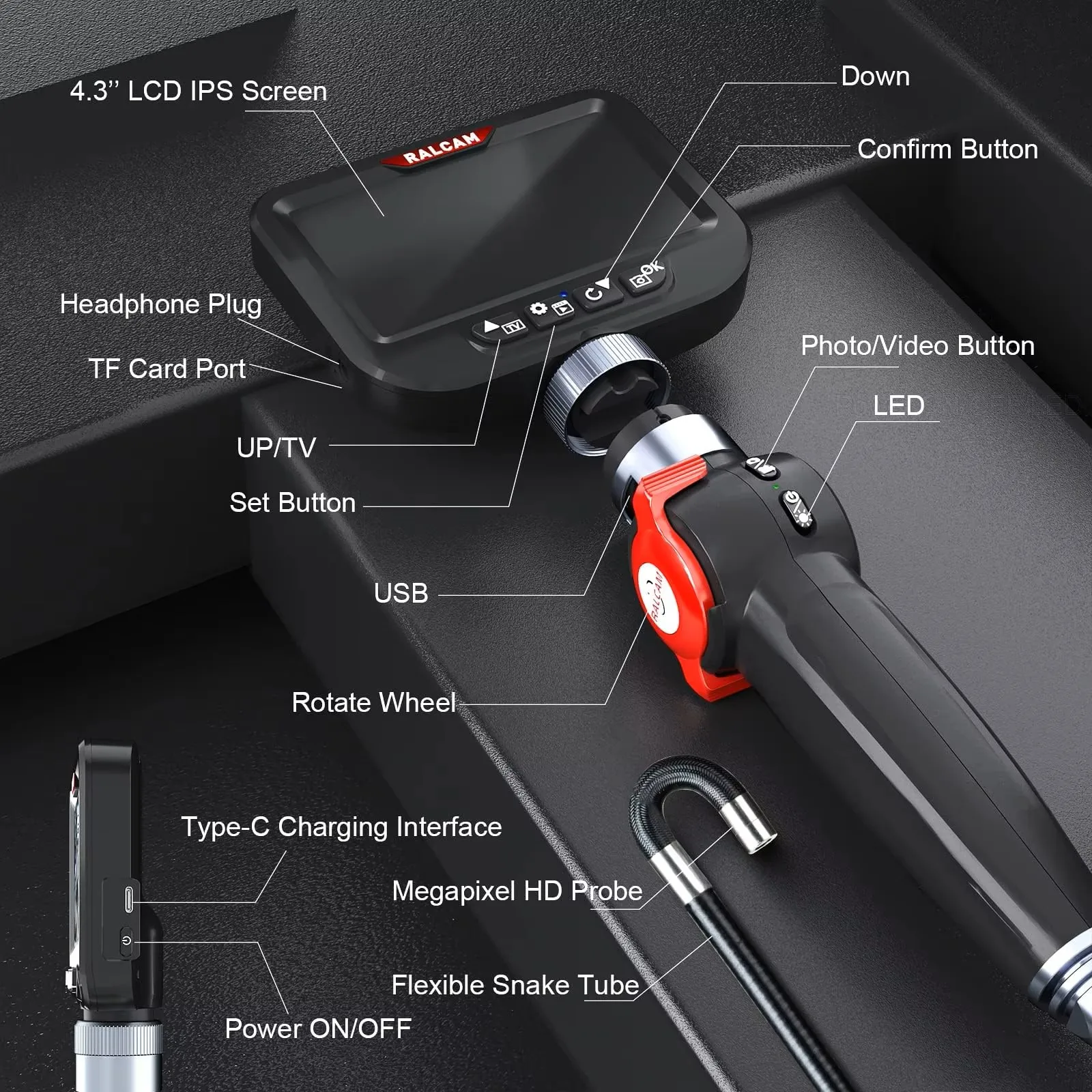 랄캠 4.3인치 대형 화면 내시경, 8.5mm 양방향 180도 ° 관절형 내시경, 10개 LED 조명 산업용 검사 카메라