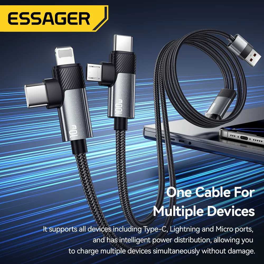 ESSAGER 2-in-1 100W Fast Charging Cable Type-C/Micro/Lightning 7A Multi-Function Data Cable for iPhone 16 15 Pro Samsung Laptop