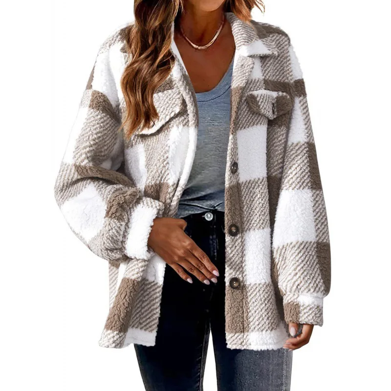 Autumn Winter Plaid Faux Fur Coat Women Checkered Thick Warm Jacket Women Furry Fluffy Teddy Jacket Plush Coat Ladies