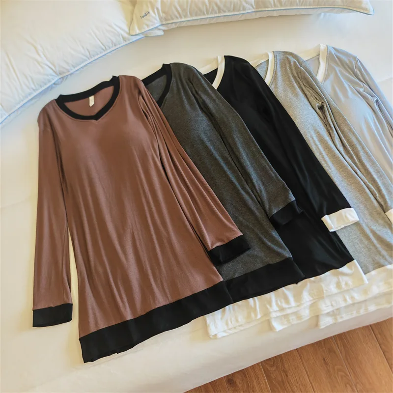 Mode Herbst Winter Nacht Kleid Frau Casual Brust Pad Langarm Nachthemden Modale Weiche Nachtwäsche Damen Nachtwäsche Hemd – Detail 8