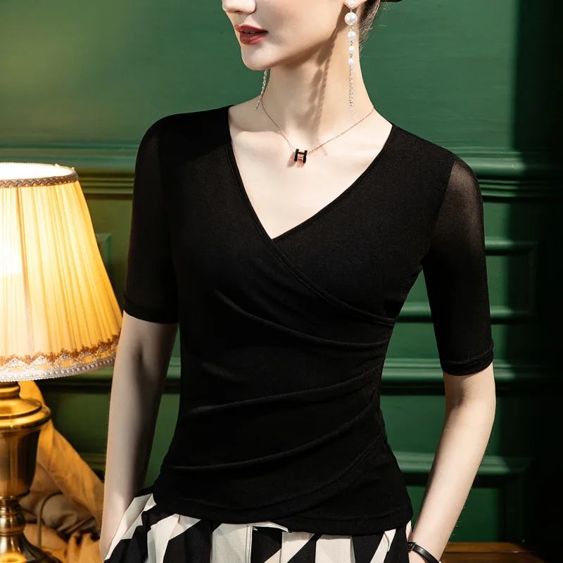 

High Quality 2024 Women Tops Gauze Splice Spring Summer T-Shirt Female Clothing Sexy Crop Top Clothes Casual Blouse Girl Y2k