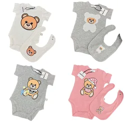 Barboteuse 2 pièces pour nouveau né fille et garçon, ensemble de vêtements pour bébés filles, imprimé ours de dessin animé, manches courtes, body + bavoirs 
