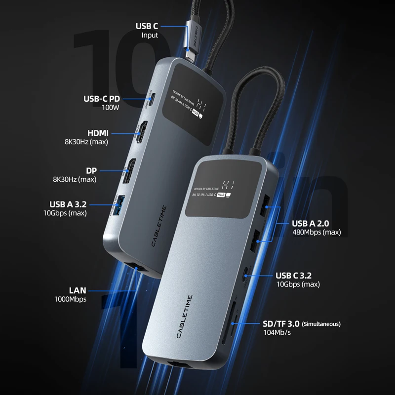 Cabletime-hub Usb c para Laptop Adaptador Macbook 8k 10 em Mst Hdmi Displayport Transferência Usb 10gbps Rj45 1000mbps Pd100w C471 - Imagem 4