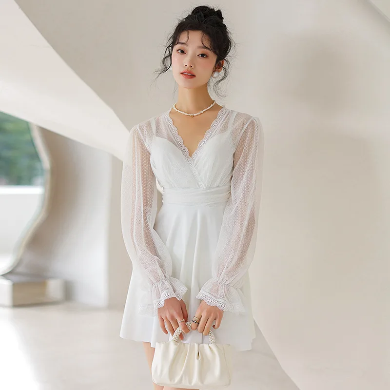 

Wisuwore 2023 New Korea's Large One-piece Swimsuit Women's Conservative Long-sleeved Dress Style Looks Thin Hot Spring Swimsuit