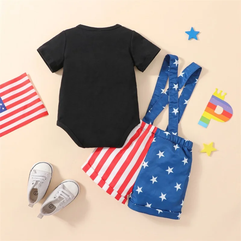 

Newborn Baby Boy Clothes Happy 4th of July Short Sleeve Romper Stars Stripe Suspender Shorts Set Infant Patriots Outfit