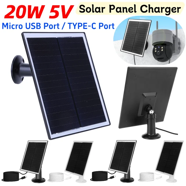 Panneau solaire suspendu 20W 5V, Port Micro USB et USB-C, chargeur de panneau solaire, panneau de charge solaire étanche IP65 pour caméra de sécurité 1