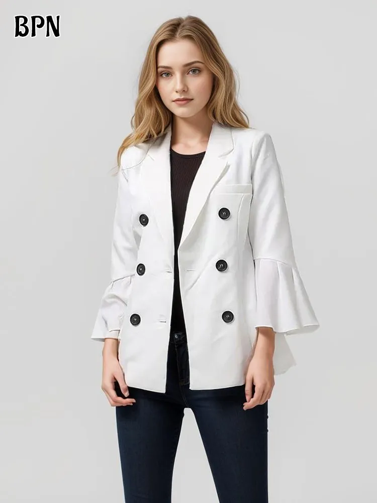 

BPN Casual Loose Jackets For Women Notched Collar Long Sleeve Patchwork Double Breasted Minimalist Temperament Coat Female Style