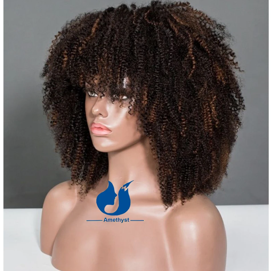 자수정 하이라이트 아프로 킨키 컬리 인간의 머리카락 뱅 가발 두피 탑 전체 기계 제작 가발 브라질 레미 코일리 텍스처 밥