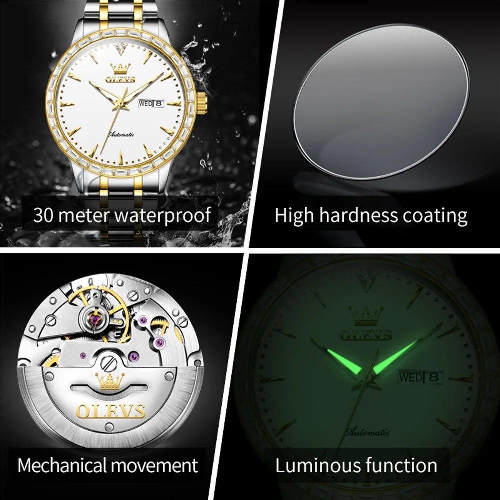 OLEVS 7019 Automatic Man Watch Luxury Diamond Mechanical Watch For Men Dual Calendar Stainless Steel Strap Male Wristwatch