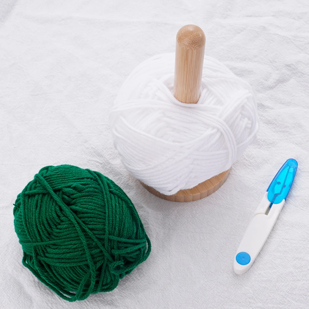Wooden Yarn Holder Rotatable Ball Thread Stand with Storage Shelf Desktop Spindle Organizer for Knitting Crochet Natural Bamboo
