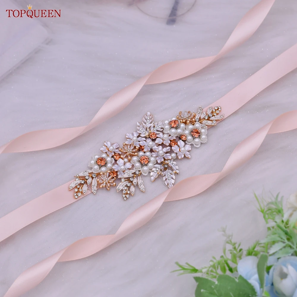 TOPQUEEN S66 New 2022 Wedding Belt Female Alloy Flower Rhinestone Pearl Sash Bride Dress Girdles Women'S Accessories Appliques