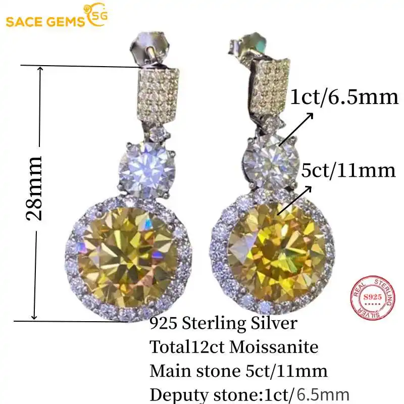 SACEGEMS GRA Certified D VVS1 5-10ct Yellow Moissanite Pendant Necklaces for Women Trendy Jewelry 925 Sliver Plated White Gold images - 6