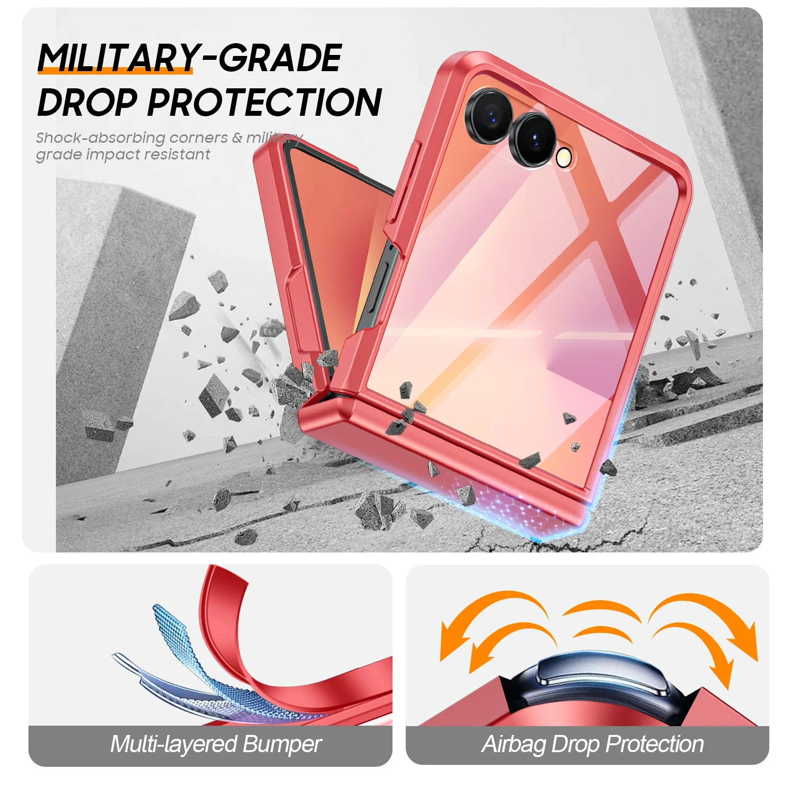 Rose Red Full Hinge Protection Case with Built-in Tempered Glass and Military Drop Proof Cover