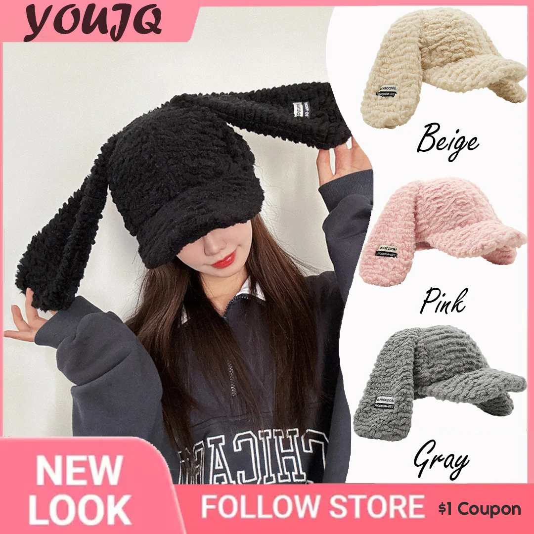 

Cute Big Rabbit Ears Plush Hats for Women Winter Warm Thickened Cold Casual Solid Color Imitation Lamb Wool Kpop Baseball Cap