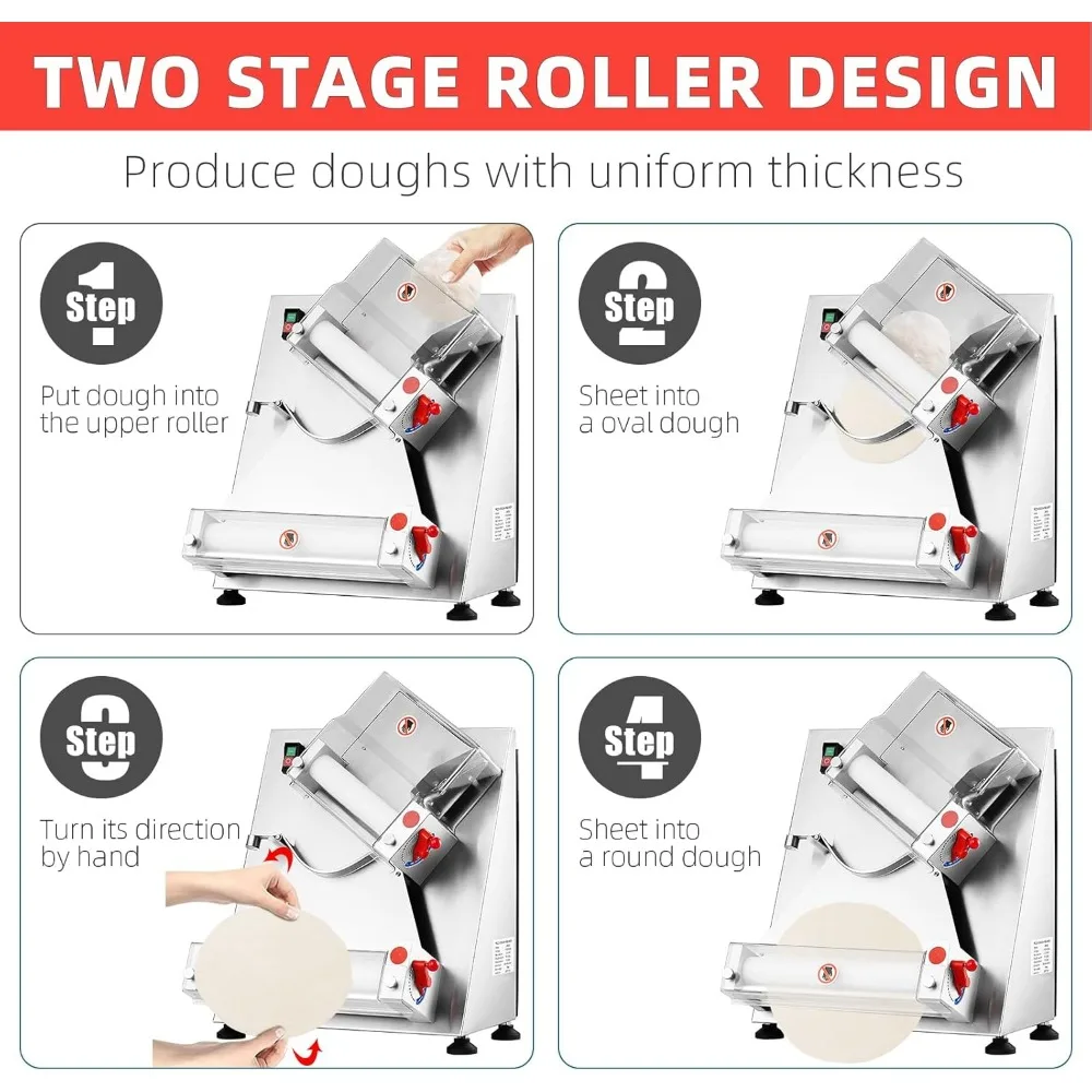 Commercial Pizza Dough Roller Sheeter, Max 12", Automatic 370W Electric Pizza Dough Roller, Stainless Steel, Suitable for Noodle