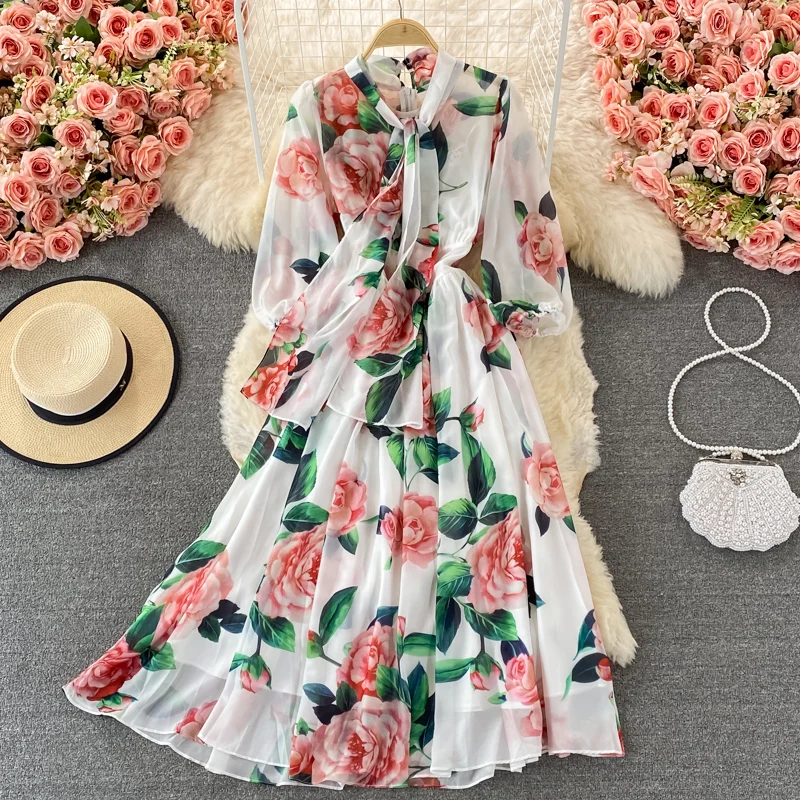 

Europe and the United States Summer Print Bow Tie Waist Slim Dress Elegant Temperament Elegant Long Dress
