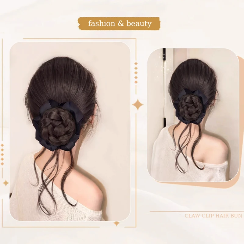 Synthetic Balletcore Braided Hair Bun Extensions Wig Claw Clip Updo Hair with Black Scrunchies Women Hairpiece for Daily Use