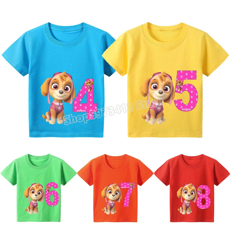 Camiseta de dibujos animados de la patrulla para niñas, Tops de algodón con estampado gráfico de Skye, camisetas digitales de feliz cumpleaños, ropa de manga corta para niños|Figuras de acción| -