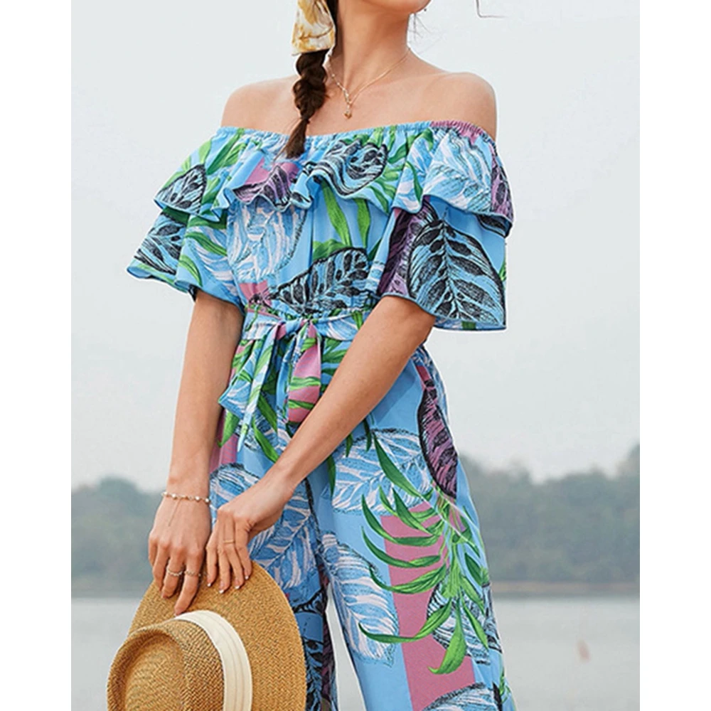2023 Women Tropical Print Off Shoulder Ruffle Sleeve Jumpsuit With Belt Summer Sexy Lady Wide Leg Jumpsuit Vacation Streetwear