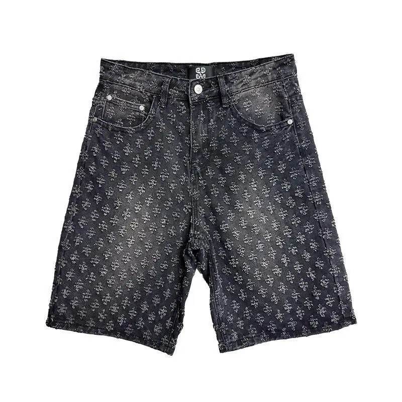 New American High Street Jacquard Ripped Summer Loose Straight Retro Five-point Denim Shorts