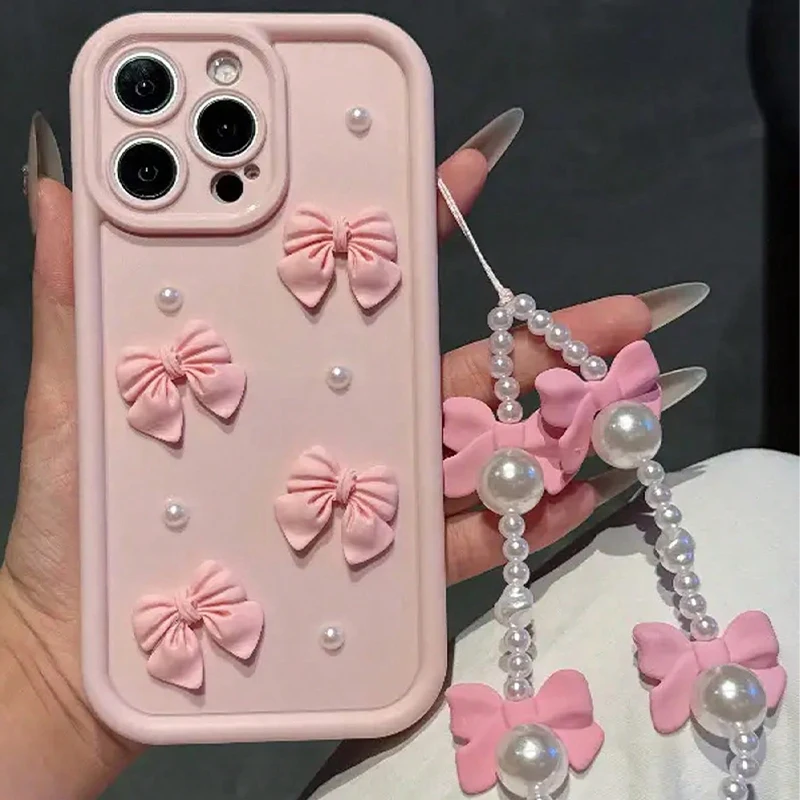 Korean 3D Bowknot Pearl Silicone Soft Phone Case - Shockproof Cover