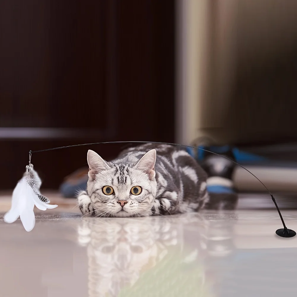 Feather Bell Steel Wire Long Rod with Suction Cup Cat Teaser Toy-Self-Entertaining Cat Teaser Rod for Interactive Play, Suitab