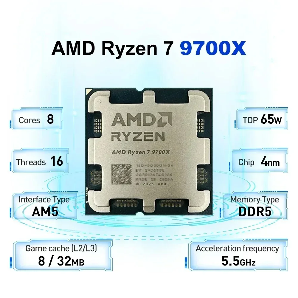 AMD 라이젠 7 9700X R7 9700X 프로세서 8코어 16스레드 최대 55GHz DDR5 AM5 CPU 32MB 캐시 게이밍 데스크탑 프로세서 쿨러 미포함