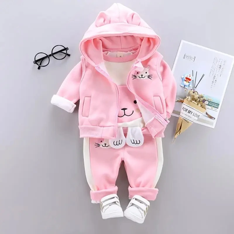 Autumn Winter Girls Boys Cotton Hooded Coats Pants Set 0-4Y