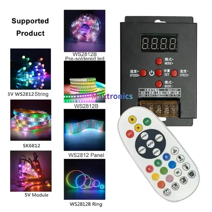 

DC5-24V LED Controller Wireless LED Dimmer Kits RF25Key+T500 MAX 2048 Pixel for WS2811 WS2812 1903 Full Color Led Strip Light