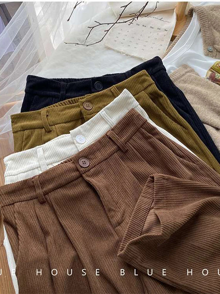 ZOKI-pantalones de pana Retro de cintura alta para mujer, Pantalón recto, informal, largo, Vintage, café, con bolsillos, combinan con todo, nuevo - Imagen 3