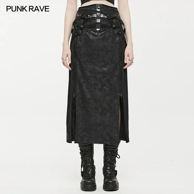 

PUNK RAVE Women's Punk Daily Straight High Slit Long Skirt Matching Leather Binding Cracked Patent Black Goth