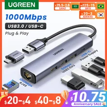  UGREEN USB Ethernet Adapter 1000/100Mbps USB3.0 HUB RJ45 Lan for Laptop PC Xiaomi Mi Box Macbook Windows USB-C HUB Network Card 