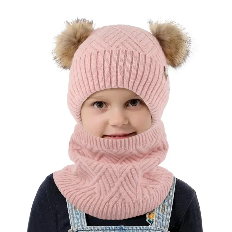 Set 3pcs Children Winter Beanies Scarf Gloves Cute Fur Pompoms Fleece Lining Boys Girls Kids Winter Warm Set Junior 5-12Years