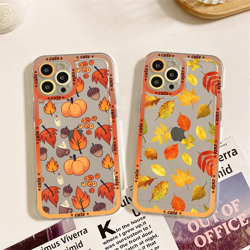 

Happy Autumn Pumpkin leaf Phone Case for iPhone 11 12 13 Mini Pro Max 14 Pro Max Case shell